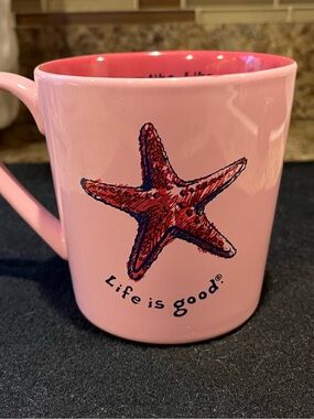 Life Is Good Pink Mug with Dark Pink Reddish Starfish Graphic 16 oz.